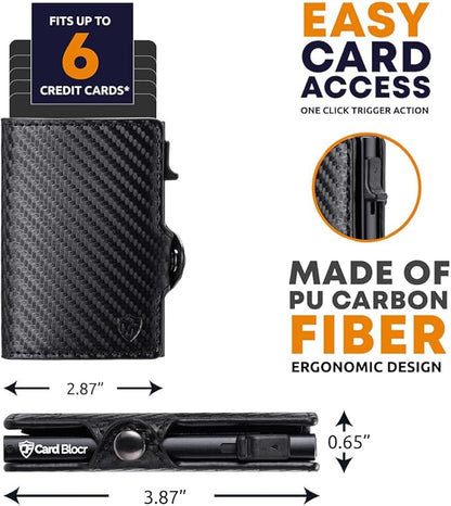 Card Blocr Pop Up Credit Card Wallet, RFID Blocking Credit Card Holder for men, Cool Wallets for Men in Carbon Wallet Design, Compact Card Holder Wallet for Secure Storage (Black PU Carbon Fiber)