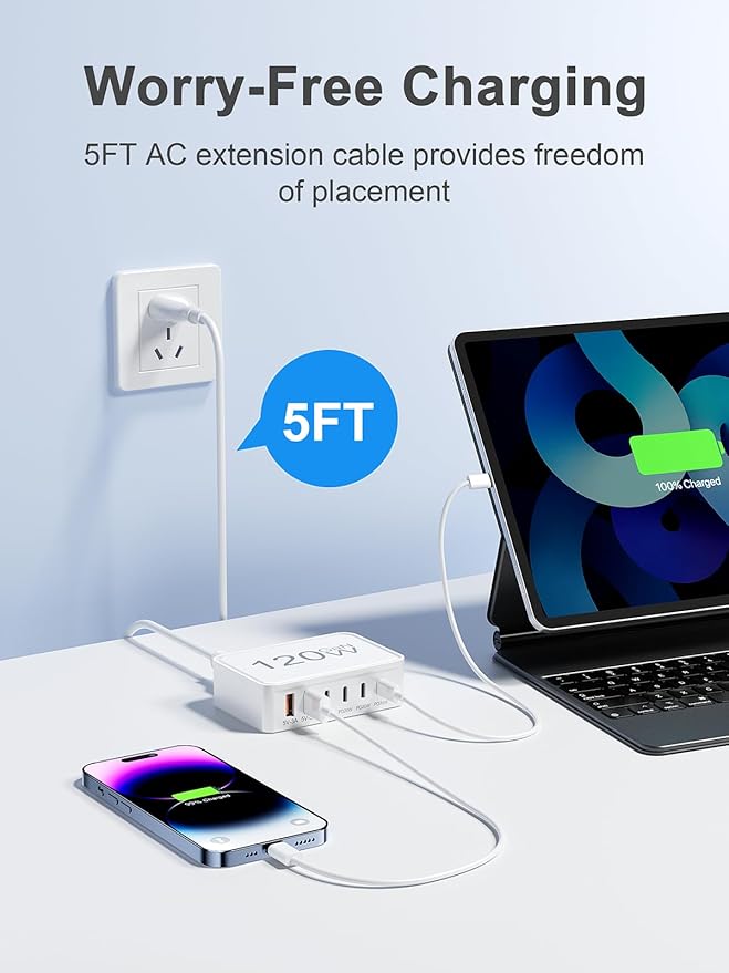 120W USB C Charger Block, 6 Port USB Charging Station for Multiple Devices, 5FT Desktop Multi Charging Hub Compatible with iPhone Samsung ipad, for Travel Home Office