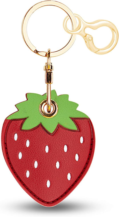 Leather Keychain for Airtag, Cute Protective Keychain Holder Compatible with Apple Air Tag,GPS Item Tracker Case Cover for Keys,Bags,Pets,Luggage(Strawberry)