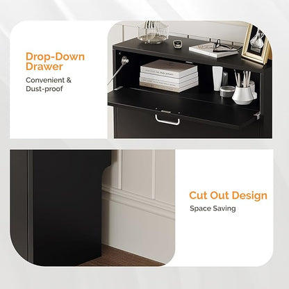 VINGLI Shoe Cabinet Storage for Entryway Ultra Slim with 2 Flip &1Drop-Down Drawers, 24.8" W Narrow Shoe Cabinet for Front Door Entrance,Freestanding Black Wood Shoes Organizer for Hallway