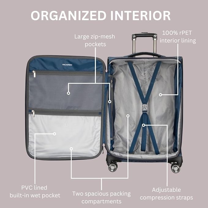 Ricardo Beverly Hills Avalon Softside Large Check-In Luggage Made with Sustainable 100% Recycled PET (rPET), Lightweight, Eco-Friendly Travel, Expandable, Dual Spinner Wheels, Serengeti Night, 28-inch