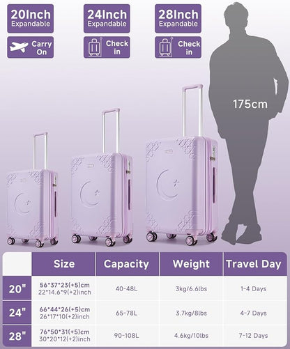 Somago Expandable 2-Piece Luggage Sets 20"/24" Suitcases with Shock-Absorbing Braking Spinner Wheels Moon Star Design Hard Shell Suitcase with Cupholder TSA Lock (Light Purple,Expandable 20/24 Inch)