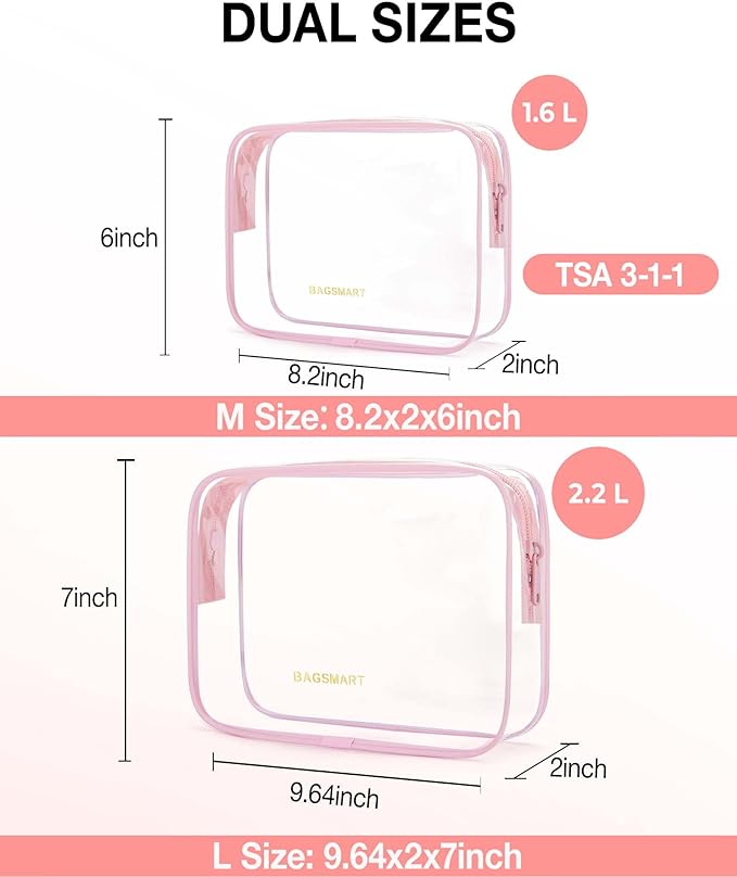 BAGSMART Clear Toiletry Bag, TSA Approved Travel Toiletry Bag Carry On Travel Accessories Bag Airport Airline Quart Size Bags water-resistant Makeup Bag for Women