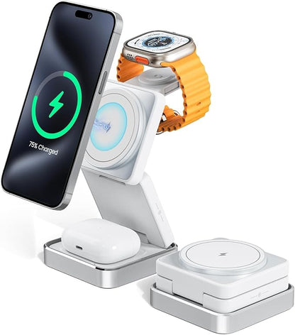 3-in-1 Wireless Charger for iPhone,15W Fast Wireless Charging Station Compatible with Mag-Safe Charger,Magnetic Foldable Travel Charger Stand Nightstand for iPhone 17/16/15/14/13,Apple Watch&AirPods