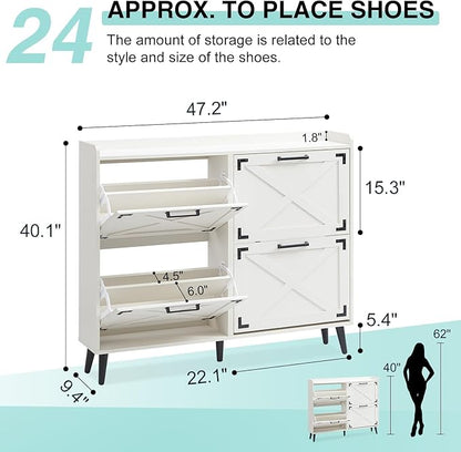 Shoe Storage Cabinet,Farmhouse Shoe Organizer with 4 Flip Drawers & Barn Door Design,Freestanding Hidden Slim Narrow Shoe Rack Cabinet for Entryway,Foyer,Hallway,Antique White