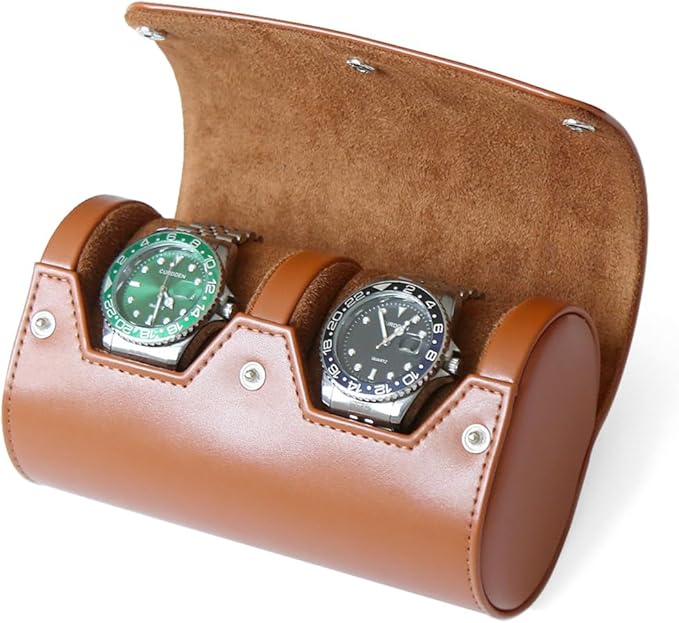 Watch Roll Travel Case for Men and Women with Suede Lining Portable 2 Slot Watch Display Storage and Organizer to Holder Large Watch(2 Slot Light Brown)