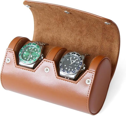 Watch Roll Travel Case for Men and Women with Suede Lining Portable 2 Slot Watch Display Storage and Organizer to Holder Large Watch(2 Slot Light Brown)