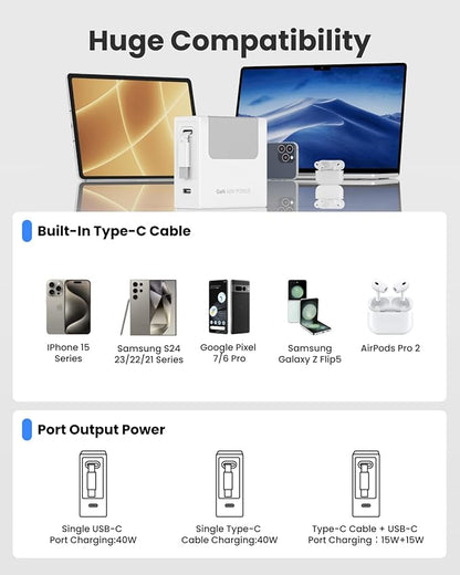Gitryin Portable USB C Charger Block, Retractable Wall Charger, 40W PD Fast Charging Block with 33.5in Type-C Cable, Power Adapter with Foldable Plug for iPhone 16/15, Galaxy S23 22, White