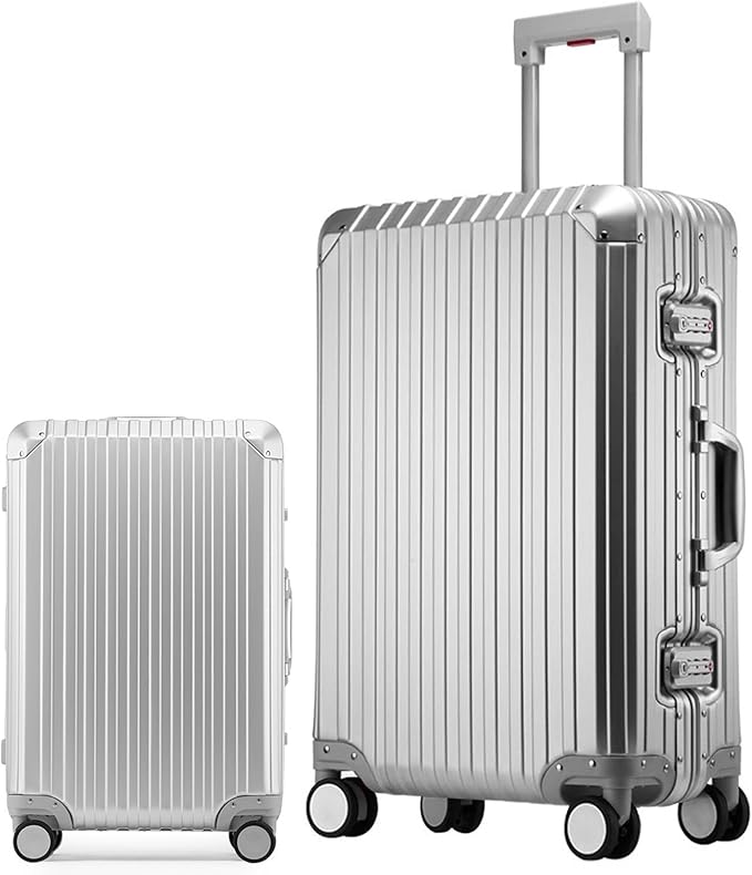 Oblique Angle Metal All Aluminum Magnesium Alloy Material Carry-on Luggage TSA Customs Lock Zipperless Silent Rotary Wheel Business Suitcase Set (silvery, 2Piece(20''/28''))