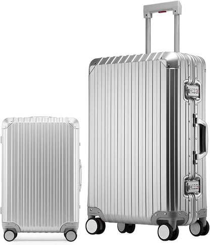 Oblique Angle Metal All Aluminum Magnesium Alloy Material Carry-on Luggage TSA Customs Lock Zipperless Silent Rotary Wheel Business Suitcase Set (silvery, 2Piece(20''/28''))