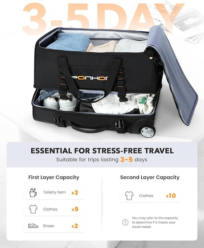 25 Inch Duffle Bag with Wheels and Handle for Men - Water Resistant Wheeled Duffle Bag for Weekend Travel & Overnight Trips, Black