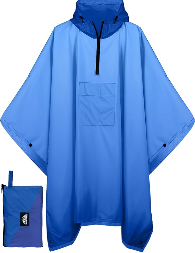 Bruvoalon 3-in-1 Rain Poncho with 1/4 Zip & Chest Pocket, Waterproof, Sunshade, Ground Mat for Adults & Youth Emergency