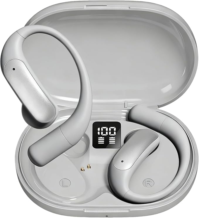 Wentronic Open Ear Headphones, Wireless Earbuds Bluetooth 5.4 with Digital Display, Secure Earhook, 48H Playtime, Enhanced Sound, Clear Calls, IP55 Waterproof Ultra-Light Sports Headphones - Silver