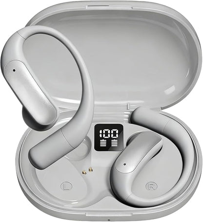 Wentronic Open Ear Headphones, Wireless Earbuds Bluetooth 5.4 with Digital Display, Secure Earhook, 48H Playtime, Enhanced Sound, Clear Calls, IP55 Waterproof Ultra-Light Sports Headphones - Silver