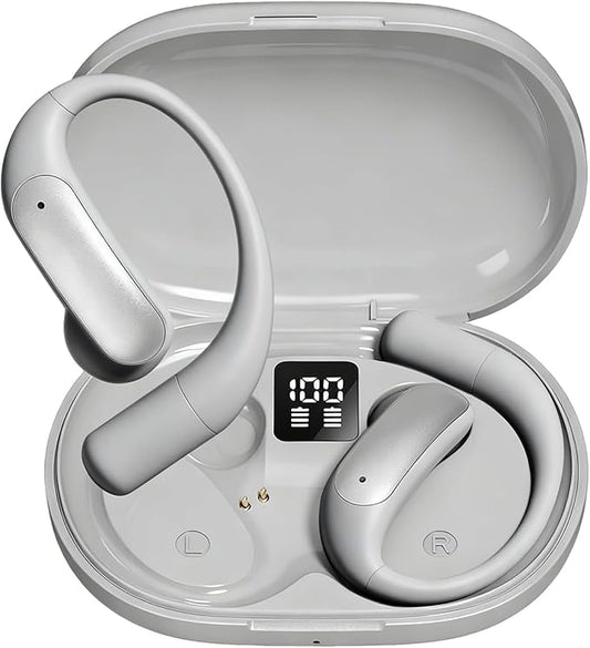 Wentronic Open Ear Headphones, Wireless Earbuds Bluetooth 5.4 with Digital Display, Secure Earhook, 48H Playtime, Enhanced Sound, Clear Calls, IP55 Waterproof Ultra-Light Sports Headphones - Silver