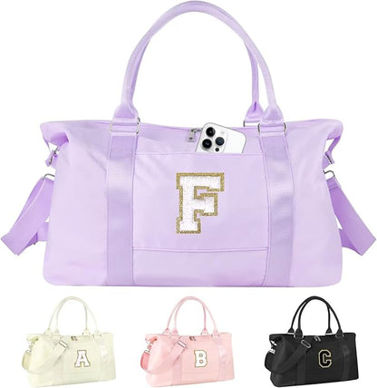 Dance Gym Duffel Bag for Teen Girls, Personalized Initial Travel Weekender Bag,Cute Overnight Carry On Duffle for Women,Sports Travel Cheer Bag,Monogram Christmas Gifts for Tween Preppy(purple-F)