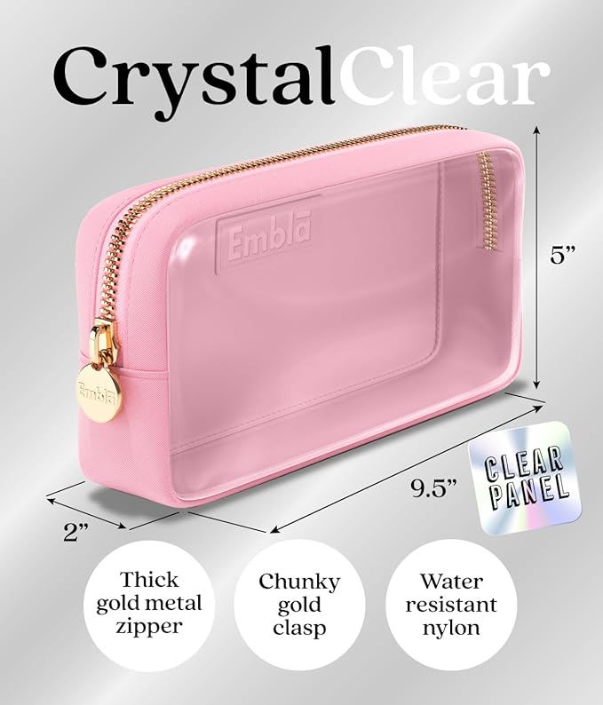Embla London Makeup Bag Cosmetic Case, Clear Zipper Make Up Pouch and Toiletry Travel Tote, Cute Skincare Pouches for Women Girls, Preppy Purse Cosmetic Organizer, Small Makeup Bags, Flamingo Pink