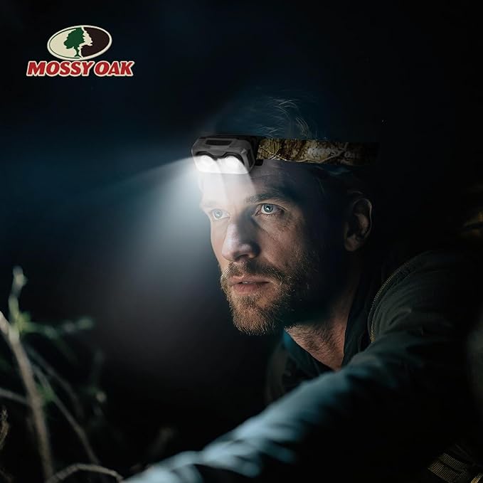 Mossy Oak 600 Lumens Rechargeable Headlamp, Lightweight LED Headlight with White & Red Light, Waterproof Head Lamp with Non-Slip Band, Dimmable & Memory Function for Camping, Running, Christmas Gifts