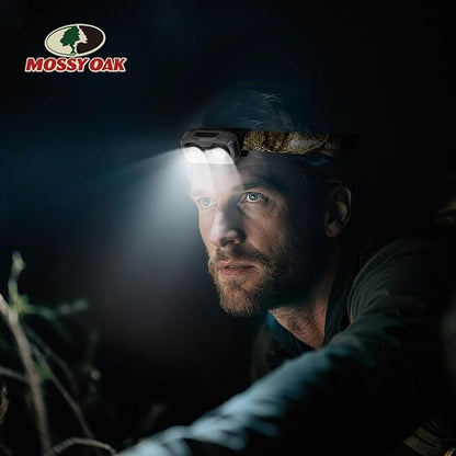 Mossy Oak 600 Lumens Rechargeable Headlamp, Lightweight LED Headlight with White & Red Light, Waterproof Head Lamp with Non-Slip Band, Dimmable & Memory Function for Camping, Running, Christmas Gifts