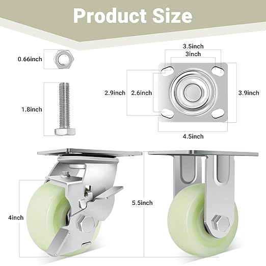 W B D WEIBIDA Heavy Duty Caster Wheels 4 Inch - 2500 LBS, PP Plate Castor Set of 4 with Double Ball Bearings, Non-Marking Industrial Swivel Casters for Hand Trucks, Carts, Industrial (2 Brake 2 Rigid)