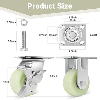 W B D WEIBIDA Heavy Duty Caster Wheels 4 Inch - 2500 LBS, PP Plate Castor Set of 4 with Double Ball Bearings, Non-Marking Industrial Swivel Casters for Hand Trucks, Carts, Industrial (2 Brake 2 Rigid)