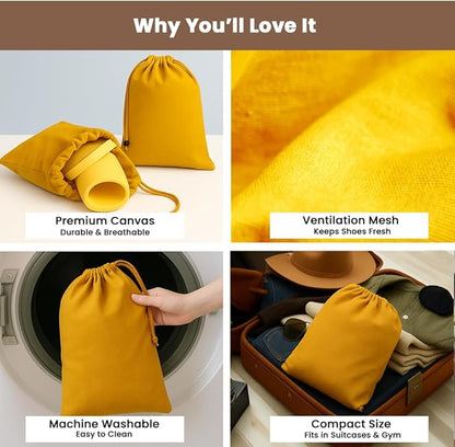 LFH Cotton Rich Shoe Storage Bags with Drawstring, Dustproof Breathable Reusable Organizer, Perfect For Travel, Dorm, Hotel, College, Gym, Easy to Carry, Machine Washable 8"x17" (Pack of 4) - Golden