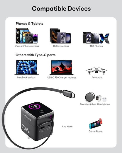 WOTOBEUS PD 70W/65W GaN USB-C Wall Charger with Retractable Cable & AI Digital Display - Travel Laptop Power Adapter, PPS 45W 25W Fast Charging for iPhone 17 16, iPad, MacBook, Galaxy S25, Pixel