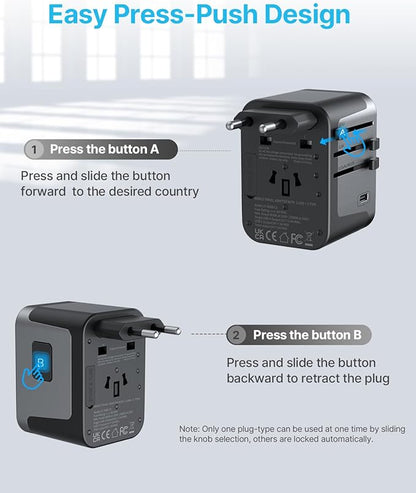 Universal Travel Adapter, VINTAR International Power Adapter with 6A 3 USB C and 2 USB Ports, All in One Travel Essentials Plug Adapter, Worldwide Outlet Converter for Europe UK USA AUS(Type C/G/A/I)
