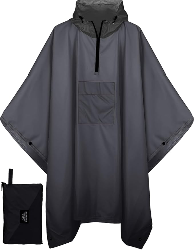 Bruvoalon 3-in-1 Rain Poncho with 1/4 Zip & Chest Pocket, Waterproof, Sunshade, Ground Mat for Adults & Youth Emergency