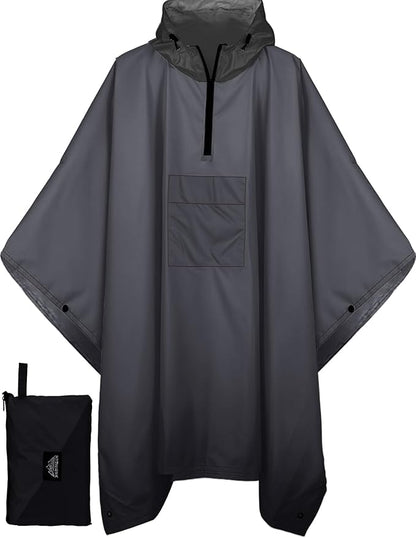 Bruvoalon 3-in-1 Rain Poncho with 1/4 Zip & Chest Pocket, Waterproof, Sunshade, Ground Mat for Adults & Youth Emergency