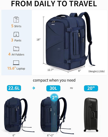 ECOHUB Carry On Travel Backpack, Expandable Airlines Personal Item Bag 18x14x8, Water Resistant 17 inch Laptop Backpack Flight Approved, 12 Pockets 30L Work Backpacks with Wet Pocket Cable Slot, Blue