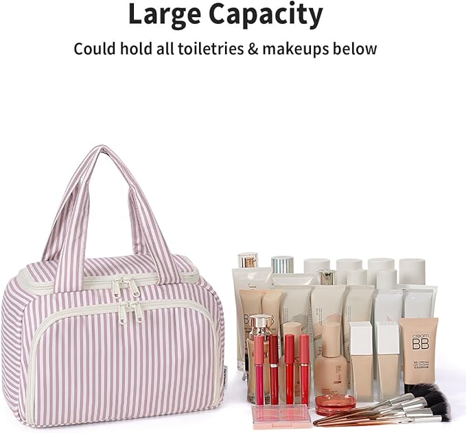 Narwey Large Travel Toiletry Bag, Wide-open Travel Bag for Toiletries, Toiletry Bags for Traveling Women, Cosmetic Make Up Makeup Bag Organizer with Wet Pocket, Shower Skincare Bag (Dusty Pink Stripe)