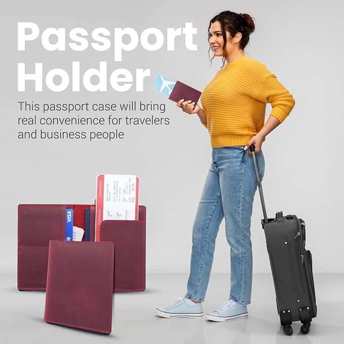 Leather Passport Holder with Travel Wallet, Genuine Leather Passport Cover- Passport Wallet, Leather Folding Wallet for Passports (Straight Cut, Red)