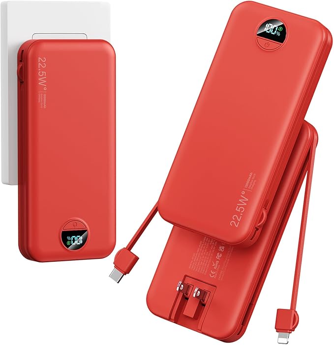 12000mAh Ultra-Portable-Charger-Power-Bank with Built in Cables&AC Wall Plug,PD20W USB-C Fast Charging Cell Phone Charger Battery Pack,LED Display Travel Battery Bank for All iPhone,Samsung,Android