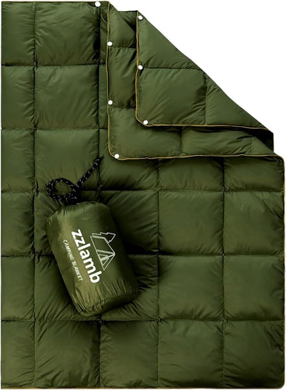 zzlamb Puffy Down Camping Blanket Water-Repellent, Down Throw Travel Blanket Portable for Outdoor, Light Warm Quilt for Couch Plane Car Theater Stadium Picnic RV Backpacking Hammock