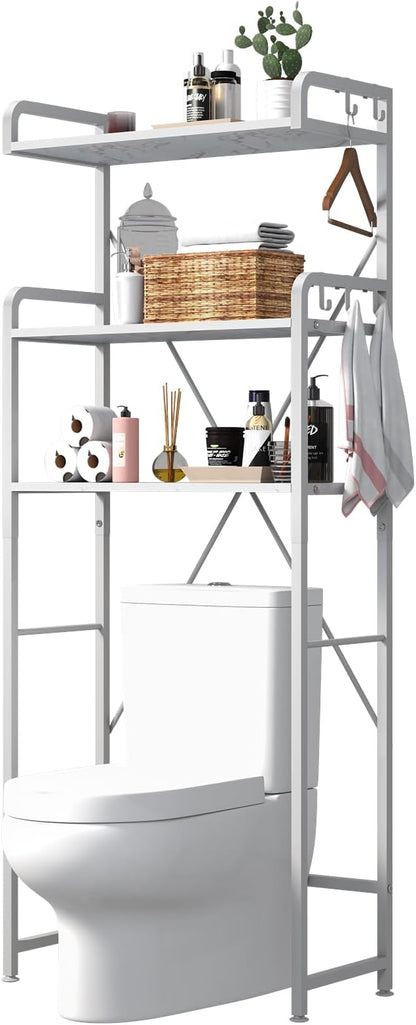 Over The Toilet Storage Rack with 3-Tier Bathroom Shelves, Space Saver Toilet Shelf, Bathroom Storage Organizer with Hooks for Over Toilet Storage and Bathroom Shelf (White Faux Marble)