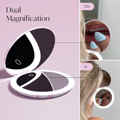Fancii Taylor LED Lighted Travel Makeup Mirror, Rechargeable, 10x /1x Magnifying, Tru-Glow Lighting System, XL Large 5” Wide | Compact Mirror for Purses (Rosette Ribbon)
