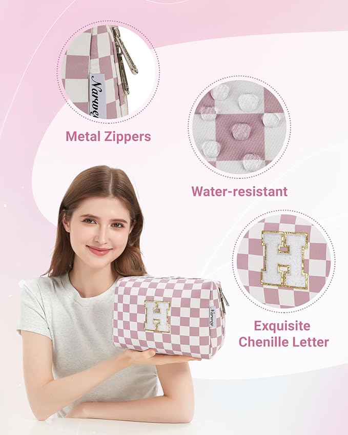 Narwey Birthday Gifts for Teen Girls Kids Women Personalized Initial Checkered Makeup Bag Pink Monogram Cosmetic Bag Trendy Stuff 6 8 10 11 12 13 14 16 18 Years Old Travel Toiletry Bag (Dusty Rose H)