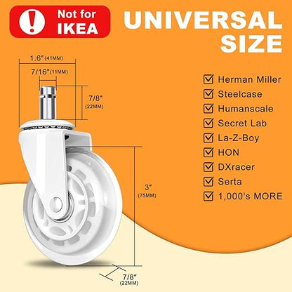 Office Chair Wheels for Casters Replacement - 3" Rubber Wheels for Computer Gaming Desk Caster Smooth & Safe Rolling for All Floors Including Hardwood and Carpet - Set of 5 - White