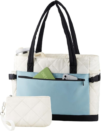Puffer Tote Bag for Women, Work Bag with Cup Holder, Teacher Bag with Compartments, Quilted Tote Bag with Zipper for Travel