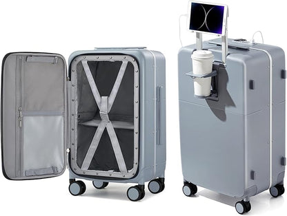 Hanke 20 Inch Carry On Luggage with Cup Holder and Charge,Top Opening Hard Shell Suitcases with Wheels and Dividers,Aluminum Frame Trunk Luggage Small Suitcase with Lock for Travel,Gray