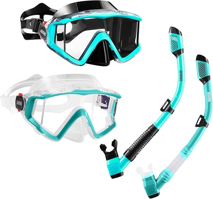 Aegend Snorkeling Gear for Adults Youth Kids, Dry Snorkel Set Panoramic View Enhanced Anti-Leak and Anti-Fog Technology, Adjustable Strap for Snorkeling Scuba Diving Swimming with Mesh Bag