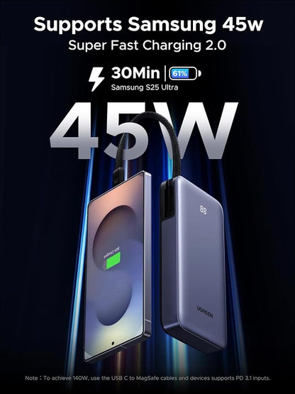 UGREEN Nexode Power Bank 20000mAh 45W with Built-in Cable, Fast Charging Portable Charger for iPhone 17 Pro/Samsung S25 Ultra/iPad Pro, 3-Port External Battery Pack with Digital Display, Travel Ready