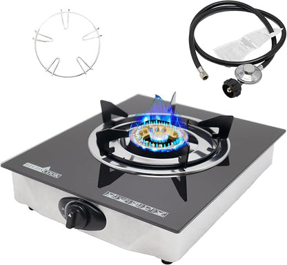 1 Burner Propane Gas Cooktop,Camping Portable LPG Gas Stove, Auto Ignition Tempered Glass Countertop Regulator and Burner Grate