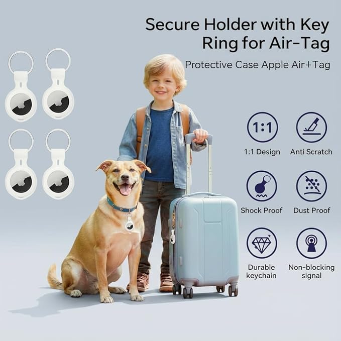 4 Pack Compatible with Apple AirTag Holder Case Keychain Car Accessories Thick Protective Ultra Thin GPS Tracker Finders with Silicone Soft Keyring for Air tagHolder Pet Tracking Key Luggage Bags Kids