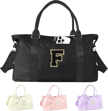 Dance Gym Duffel Bag for Teen Girls, Personalized Initial Travel Weekender Bag,Cute Overnight Carry On Duffle for Women,Sports Travel Cheer Bag,Monogram Christmas Gifts for Tween Preppy(black-F)