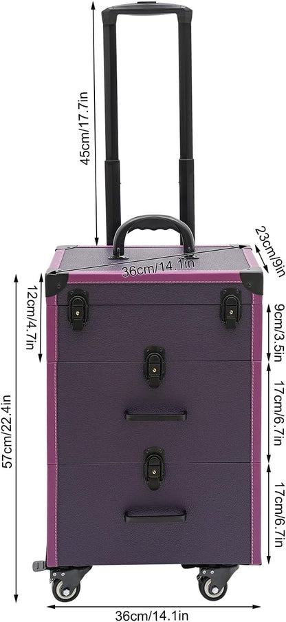 Rolling Makeup Case w/ 4 Keys, 3-tier Lockable Makeup Train Case w/ Drawers, Detachable Nail Polish Organizer, Wheeled Travel Cosmetic Case w/ 3-gear Telescopic Rod, 14.1*9*22.4in, Black Latch+Purple