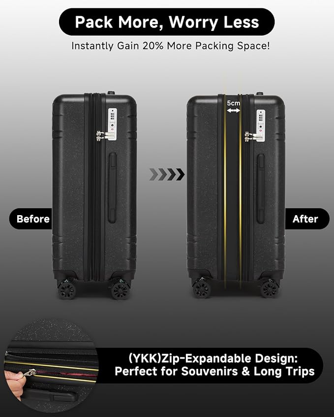 Somago Expandable 2-Piece Luggage Sets 20"/24" Suitcases with Shock-Absorbing Braking Spinner Wheels Moon Star Design Hard Shell Suitcase with Cupholder TSA Lock (Black,Expandable 20/24 Inch)