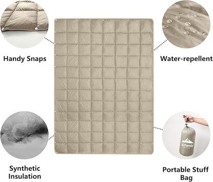 zzlamb Camping Blanket, Compact Lightweight Soft Puffy Blanket Water-Repellent, Packable Warm Quilt Down Alternative Picnic Hiking Backpacking Beach Travel RV Airplane Couch Car