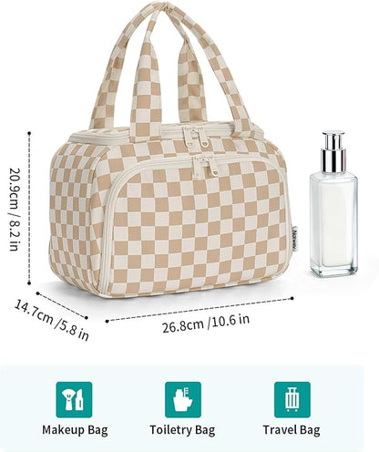 Narwey Large Travel Toiletry Bag, Wide-open Travel Bag for Toiletries, Toiletry Bags for Traveling Women, Cosmetic Make Up Makeup Bag Organizer with Wet Pocket, Skincare Bag (Light Checkerboard)
